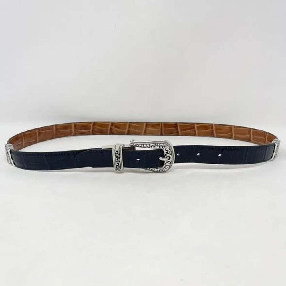 Brighton Reversible Leather Belt Wms 36 Navy Blue Brown Croc Embossed Silver